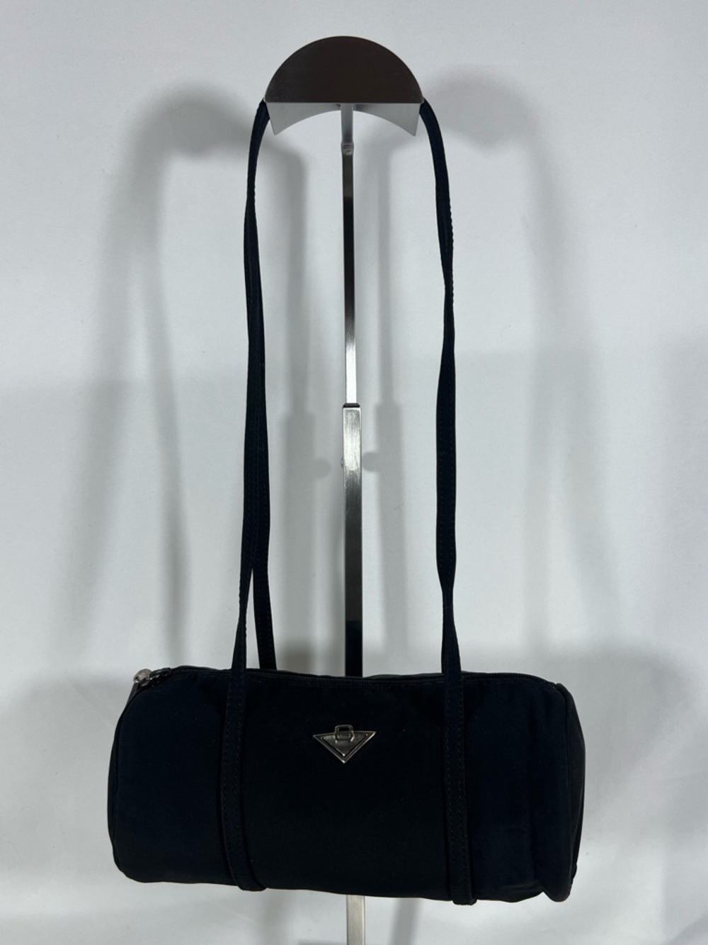 3061: Bottega Veneta Mini Shoulder Bag Black Nylon Cylinder Y2K